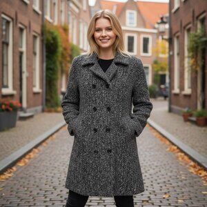 Sandro Double Breasted Boucle Coat Button Front Mid Length Gray